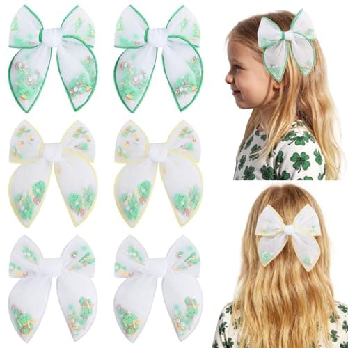 CN 6 PCS St.Patrick day Tulle Hair Bows for Girls, Toddler Bows with Glitter Star Alligator - Image 1