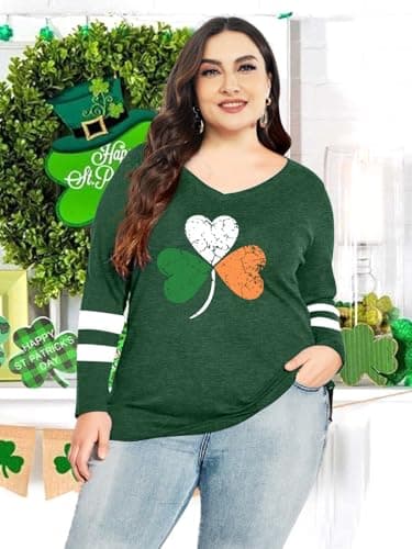 Plus Size St Patricks Day Shirt Women Funny Irish Festival Holiday Long Sleeve Tops Lucky Green Tee T-Shirt - Thumbnail 3