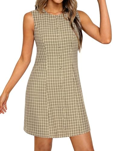 BTFBM Womens Summer Dress 2026 Spring Plaid Crew Neck Sleeveless Button Bodycon Mini Vintage Business Casual Dresses(Khaki, Large) - Thumbnail 5
