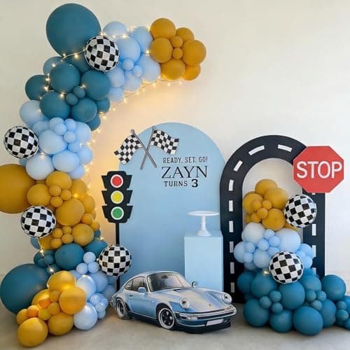 Race Car Balloon Garland Arch Kit 155Pcs Dusty Blue Yellow Latex Balloon Checkered Foil Balloons for Racing Car Truck Theme Two Fast 2nd Birthday Party Decorations - Thumbnail 5