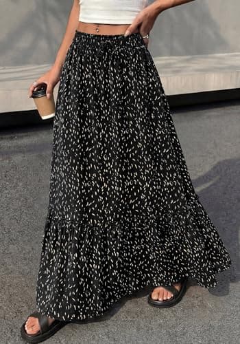 BTFBM Womens Boho Maxi Skirt 2026 Summer Floral High Waisted Flowy Tiered Long Spring Beach Vacation Skirts Pockets(Black, Small) - Thumbnail 4