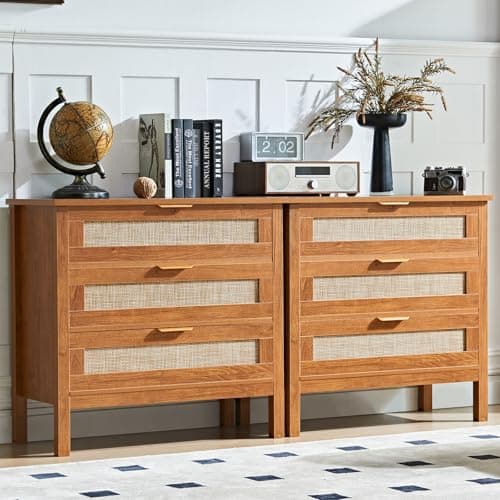 LEYAOYAO 31.5" Wide Rattan Night Stand, Large Boho Nightstand, Bedside Table with Storage, Tall Bed Side End Tables, Chest of Drawers for Bedroom, Living Room, Hallway（Brown,3 Drawers,2）