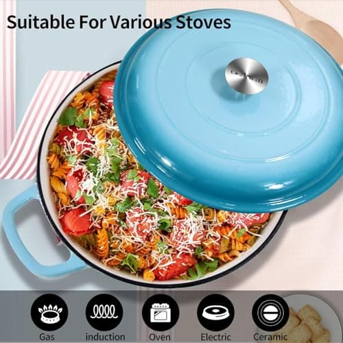 COOKWIN Cast Iron Casserole Braiser, 3.8 Quart,Heavy Duty Casserole Skillet with Lid and Dual Handles, Porcelain Enameled Surface Cookware Pot, Mother's Day Gifts for Family Light Blue - Thumbnail 6