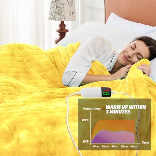 greenoak Heated Electric Blanket Throw, Faux Fur Sherpa Heating Blanket for Sofa Bed, Warm Winter Gifts for Women/Adults, Heater Lap Blankets 5-Position Timer &10 Heating Levels 50''*60" Lemon - Thumbnail 5