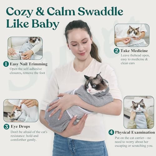 Supet Cat Grooming Wrap for Cutting Nails, Self-Adhesive Anti-Scratch Swaddle with Bite-Proof Mesh Hood & Thick Waist Strap Anti-Escape Bag for Nail Trimming, Medication, Ear Cleaning (Grey S) - Thumbnail 3