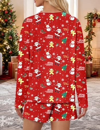 JUSTFASHIONNOW Womens Christmas Pajamas Long Sleeve Lounge Set 2 Piece Cute Sleep Wear Printed Sleepwear Comfy Split Short Pajama Set Soft Xmas Outfits Loungewear Pj sets (Red, Large) - Thumbnail 5