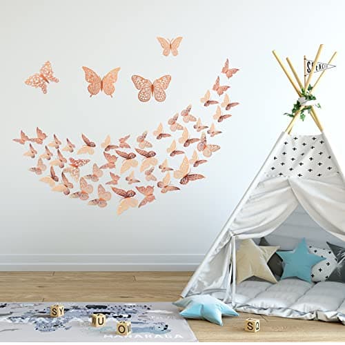 3D Gold Butterfly Wall Decor 3 Sizes 4 Styles Butterfly Party Decorations Cake Decorations Removable Stickers Wall Decor Room Mural Metallic Kids (Rose Gold, 96Pcs) - Thumbnail 6
