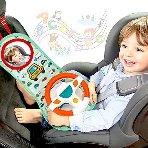 COVTOY Baby Car Seat Toys for Infants with Mirror, Steering Wheel, Music Lights, Driving Sounds - 6-12 Months