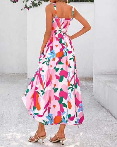 PRETTYGARDEN Womens Summer Dresses 2026 Casual Spaghetti Strap Ruffle Smocked Flowy Floral Spring Maxi Dress with Pocket(Apricot Rose Red Flower,XX-Large) - Thumbnail 5
