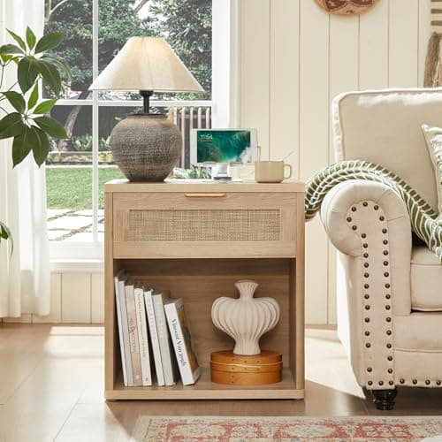 LEYAOYAO Rattan Nightstands Set of 2 with Charging Station, 23" Wide Boho Night Stand with Drawer, Natural Wood Bedside Table Open Cabinet, Bed Side End Table Dresser for Bedroom, Living Room, Hallway - Thumbnail 6