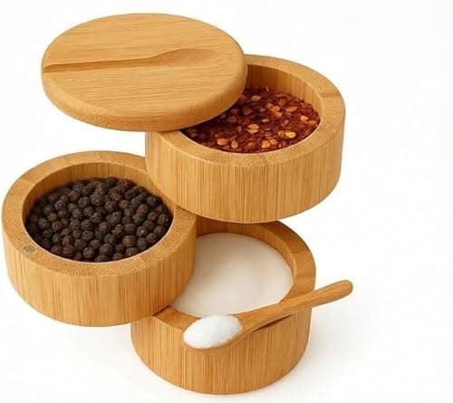 DegoCython 3-Layer Bamboo Salt Container with Magnetic Lid and Spoon, Large Capacity 10.5 Oz (Approx 287.7g) - Ideal for Celtic Sea Salt, Redmond Real & Pepper Storage