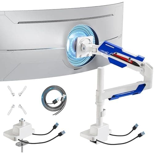 ARES WING CoreArm Single Monitor Mount with USB, Ultrawide Monitor Arm for 24 to 57'' Heavy Duty Curved Screen, Adjustable Gas Spring Monitors Arm Stand up to 66LBS with 75/100/200 Vesa Mount, White - Image 1