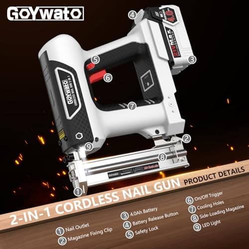 GoYwato 21V Cordless Nail Gun - 18 Gauge 2 in 1 Portable Battery Powered Electric Brad Nailer with 2 x 4.0Ah Batteries & Charger & 1000 Nails & 1000 Staples for Cupboard & DIY Upholstery & Woodworking - Thumbnail 2