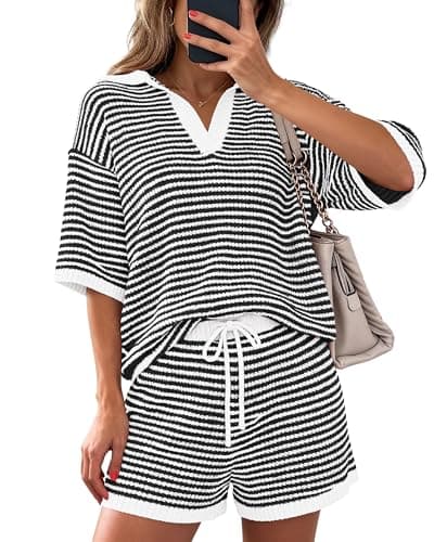 PRETTYGARDEN Women 2 Piece Lounge Sets Short Sleeve V Neck Striped Tops Drawstring Short Sets Beach Summer Outfits 2026(Striped Black White,X-Large) - Image 1