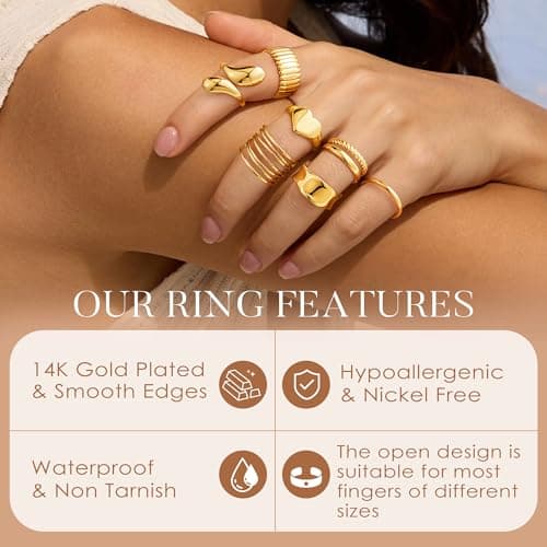 Yoosteel Easter Gifts for Women - 14K Gold Plated Chunky Rings Stack for Women Hypoallergenic Thick Stackable Open Rings Non Tarnish Dainty Ring Stack Set Trendy Jewelry Gifts 12 PCS - Thumbnail 5