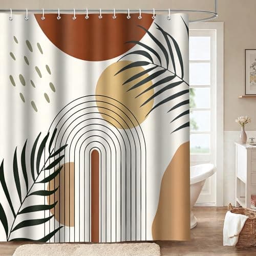 LYLYCTY Boho Shower Curtains for Bathroom,Orange Bohemian Mid Century Leaf Sun Modern Waterproof Fabric Bathroom Decor Curtain 72x72 Inches - Image 1