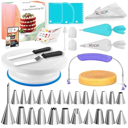 RFAQK 90PCs Cake Decorating Kit with Leveler, Baking Supplies Gift Includes Cake Stand Turntable, 24 Numbered Icing Tips, 55+1 Piping Bags, 2 Frosting Spatulas, 5 Scrappers, Video Course & Booklet - Image 1