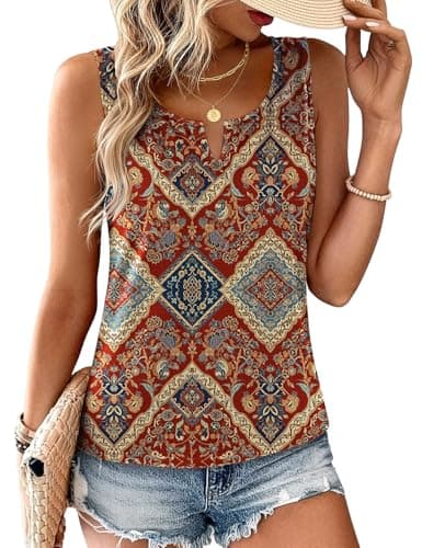 JUSTFASHIONNOW Boho Tank Tops for Women V Neck Sleeveless Tops Dressy Casual Blouses Work Shirts Summer Beach Vacation Clothes(Wine Red, Medium) - Image 1