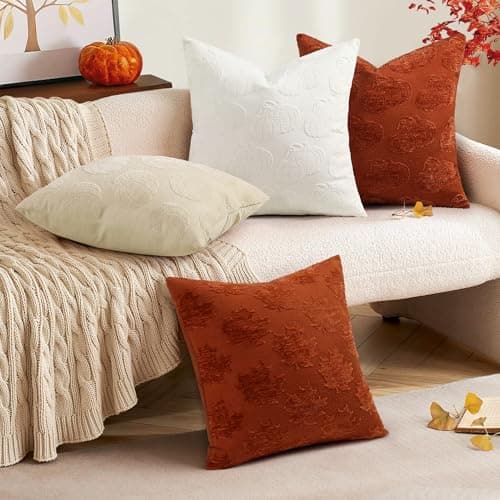 decorUhome Decorative Two Cream White Pumpkins Thanksgiving Throw Pillow Covers 18x18 Set of 2, Soft Chenille Jacquard Farmhouse Textured Pillow Covers for Couch Sofa Autumn Harvest Halloween Holiday - Thumbnail 6