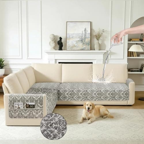 ALIECOM L Shaped Couch Cover for Sectional Sofa Waterproof Sofa Slipcover Non Slip Corner Couch Covers for Dogs Cats (XX-Large, Floral Khaki)