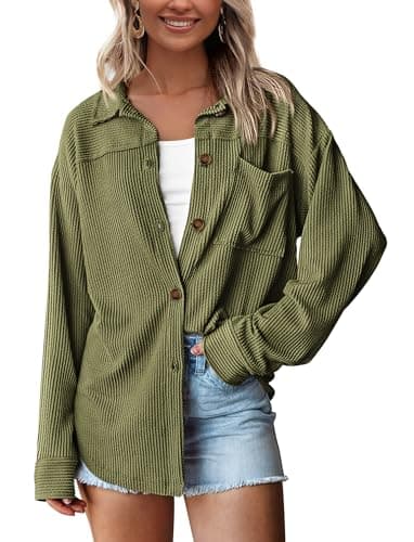 PRETTYGARDEN Women's Button Down Shirts 2026 Spring Long Sleeve Textured Tops Oversized Shacket Jacket Knit Blouses(Army Green,Small) - Image 1