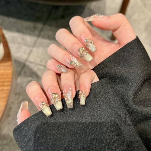 Yacey Handmade Press On Nails – Medium Coffin False Nails for Women, Reusable Acrylic French Tip with Pearl & 3D Buttterfly Cat Eye Design – Salon Quality Fake Nails (10PCS, M） - Thumbnail 3