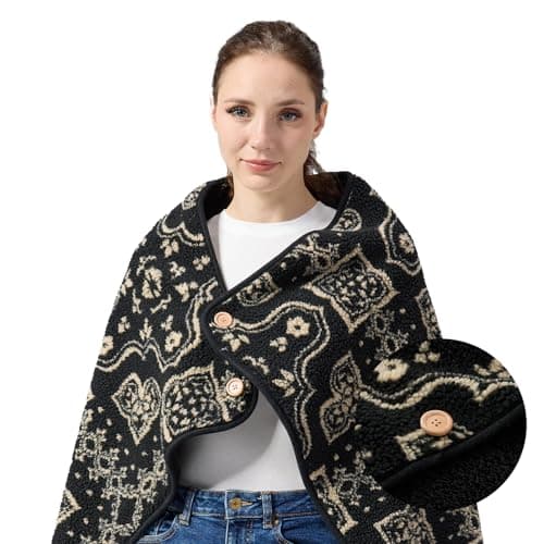 SHINEDOOR Jacquard Sherpa Wearable Blanket Lap Blanket Comfy Poncho Throw with Wooden Buttons Fleece Wearable Blankets for Women Soft Winter Shawl Gifts & Home Snowflake Grey Pattern