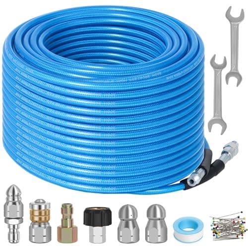 100 FT Sewer Jetter Kit for Pressure Washer, 5800PSI Water Jet Drain Cleaner Hose, 1/4 Inch NPT Corner with 4 Sewer Jetting Nozzles, Pearl Corsage Pin, Waterproof Tape, Handle Strap&2 Spanner (Blue) - Image 1