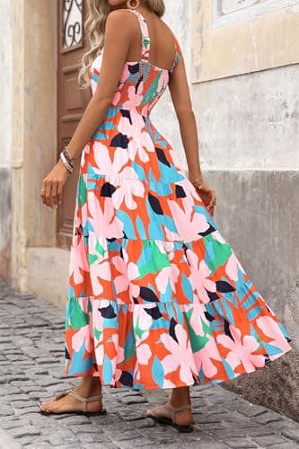 PRETTYGARDEN Women's Summer Floral Maxi Dress Sleeveless Smocked Ruffle Long Flowy Beach Vacation Boho Sundresses (Floral Orange Pink,Large) - Thumbnail 2