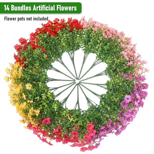 Powbrace Artificial Flowers Outdoor Fake Plants, Faux Silk Flowers Plastic Plants for Outdoors Indoor Outside Front Porch Hanging Planter Window Box Garden Home Spring Decoration, 14 Pack (Mix) - Thumbnail 5