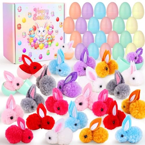 Prefilled Easter Eggs with Toys - Easter Eggs Filled for Kids, 24 Pack Easter Basket Stuffers with Bunny Animal Plush Inside, Easter Egg Fillers for Toddlers, Egg Hunt Party Favors, Classroom Prizes - Image 1