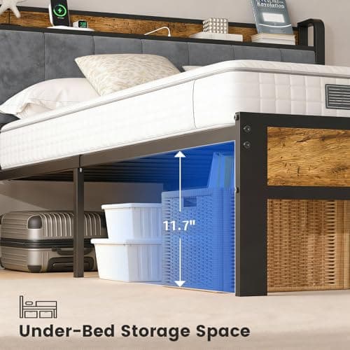 ALBERTO Full Size LED Bed Frame with Charging Station, Upholstered Headboard, Sturdy Metal Platform with Slats, No Box Spring Needed - Thumbnail 5