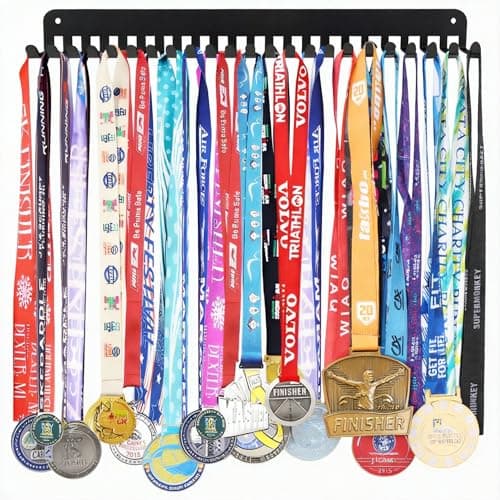 Bliocefo Medals Hanger Holder Display Steel Rack Hooks Wall Mount Frame Over 60 Medals-Sports Medal Hook Storage Organizer Never Give Up Ribbon with Easy Hanging Bars Black (24 Hooks Rack) - Image 1