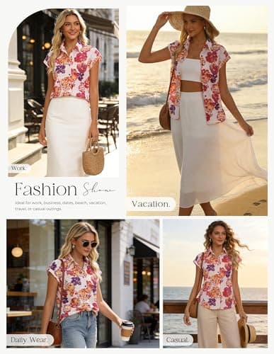 GRACE KARIN Floral Eyelet Spring Summer Tops for Women,2026 V Neck Dressy Casual Shirts,Boho Button Down Short Sleeve Blouses Red 2XL - Thumbnail 2