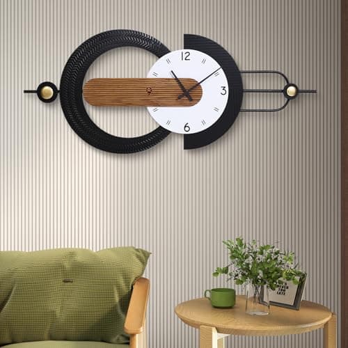 Anmotpe Modern Minimalist Wall Clocks,Black Metal & Wood Geometric Design Large Wall Clocks,Silent Non-Ticking Battery Operated,for Living Room Home Office Wall Art - Image 1