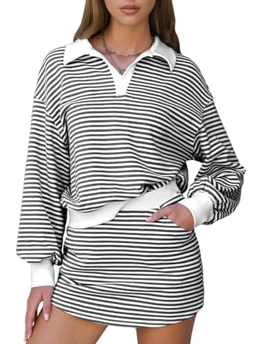 EXLURA Womens Two Piece Sets Cotton Striped Sweatshirt Matching Skirt Skort Tennis Vacation Cruise Outfits Travel Set 2026 - Image 1