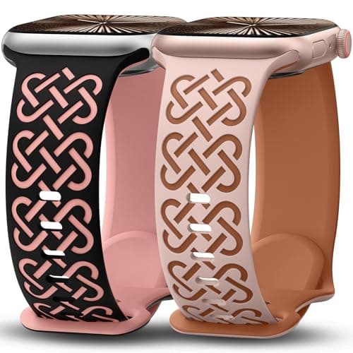 Minyee 2 Pack Engraved Bands Compatible with Apple Watch Band 38/40/41/42mm Women, Soft Silicone Two-Tone Celtic Sport Strap for iWatch Series 11 10 9 8 7 6 5 4 SE/Ultra 3 2 1,Black/Pink+Nude/Brown - Image 1