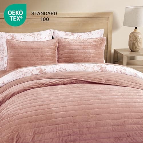 WRENSONGE Velvet King Size Quilt Set-3 Pieces Clay Pink Luxurious Velvet Striped Channel Comforter with 2 Shams, Soft Bedspread Coverlet Quilted Bedding Set for All Season - Thumbnail 4