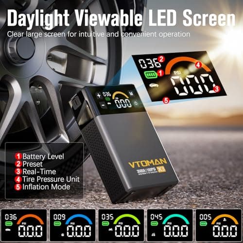 VTOMAN X3 Jump Starter with Air Compressor, 3500A Portable Car Battery Jumper Starter (9L Gas/8.5L Diesel Engines) with 160PSI Auto-Shutoff Tire Inflator, 12V Lithium Battery Booster Pack, Jump Box - Thumbnail 5