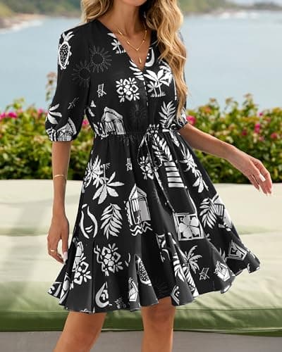 BTFBM Women Summer Spring Floral Boho Dress 2026 V Neck Short Sleeve Ruffle Beach Vacation Clothes Wedding Guest Dresses(Floral Black White, Small) - Thumbnail 4
