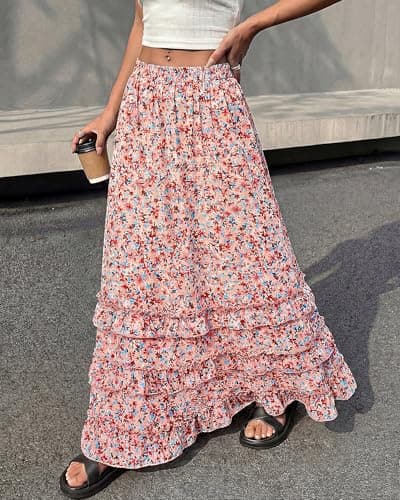 BTFBM Skirts for Women Summer Flowy A-Line Floral Boho Maxi Skirt Long Wedding Guest Dresses Spring Outfits 2026(Floral Pink,X-Large) - Thumbnail 4