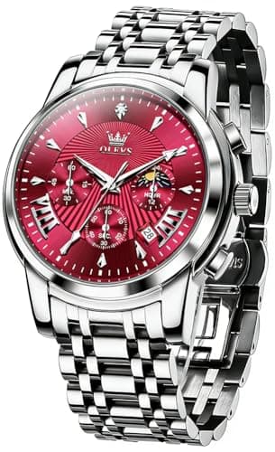 OLEVS Watch Men Red Face Watches for Men Silver Mens Watches Luxury Reloj para Hombre Analog Quartz Dress Stainless Steel Waterproof Chronograph Moon Phase Date Diamond Men's Wrist Watch