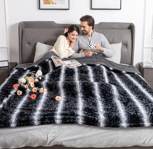 WOOMER Heated Blanket King Size 100" x 90", Electric Blanket with Dual Controls, 0.5-12 Hours Timer & 10 Heating Levels, ETL Certified, Black Grey Flowers Patterns Faux Fur & Sherpa, Machine Washable - Image 1