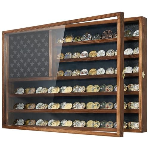 Challenge Coin Display Case, 27.6" x 18.3" Lockable Military Coin Holder Cabinet with Removable Star Board, Solid Wood Coins Cases for Collectors Plexiglass Coins Rack Stand - Image 1
