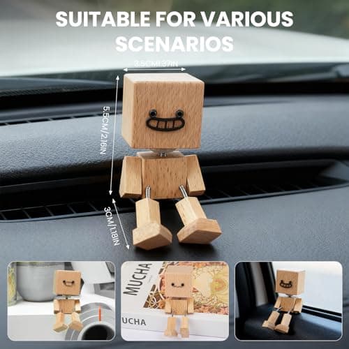 Manoai Shaking Wooden Man Figurine, Shaking Feet Woodens Doll with 12PCS Magnetic Expressions, Handmade Shaking Feet Wooden Car Dashboard Decorations, Creative Wood Desktop Decor - Thumbnail 3