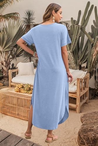 MOLERANI Summer Maxi Dresses for Women 2026 Flowy Maxi Dress with Pockets Casual Long Sundress for Summer T Shirt Dress,Sky Blue,M - Thumbnail 4