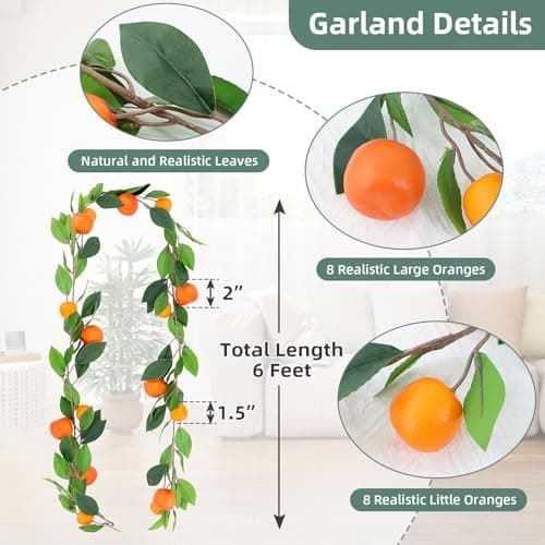 2PCS Artificial Oranges Garland(12Ft Total) - Faux Oranges Vine with Greenery, Realistic Fruit Garland for Home, Garden, Wedding, Party & Christmas Decor | Fake Orange Wreath for Hanging Decoration - Thumbnail 2