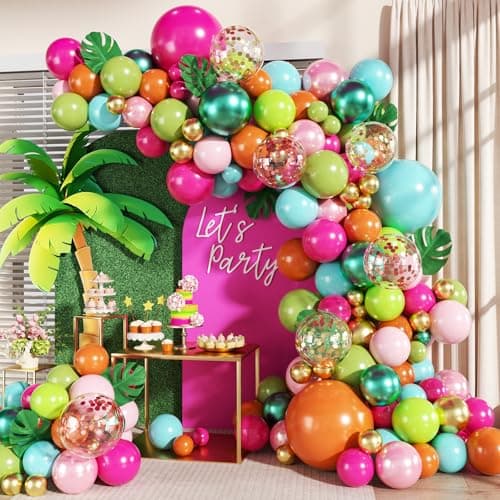 Tropical Luau Balloon Arch Kit 146Pcs Hot Pink Pearl Pink Green Blue Orange Gold Metallic Green Confetti Balloons with Palm Leaves for Summer Tropical Luau Hawaiian Theme Party Decorations - Image 1
