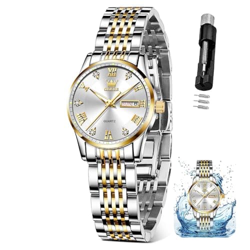 OLEVS Womens Watches Silver Gold Ladies Watches for Women Fashion Small Wrist Two Tone Female Watch with Date Elegant Stainless Steel Waterproof Diamond Dress Analog Quartz Bracelet Reloj para Mujer - Image 1