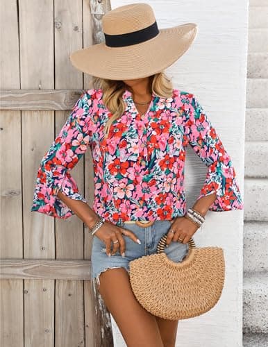 LOOKBOHO Tops for Women 3/4 Sleeve Casual Dressy Floral Boho Blouses Bell Sleeve Button V-Neck Business Shirts Pink M - Thumbnail 4